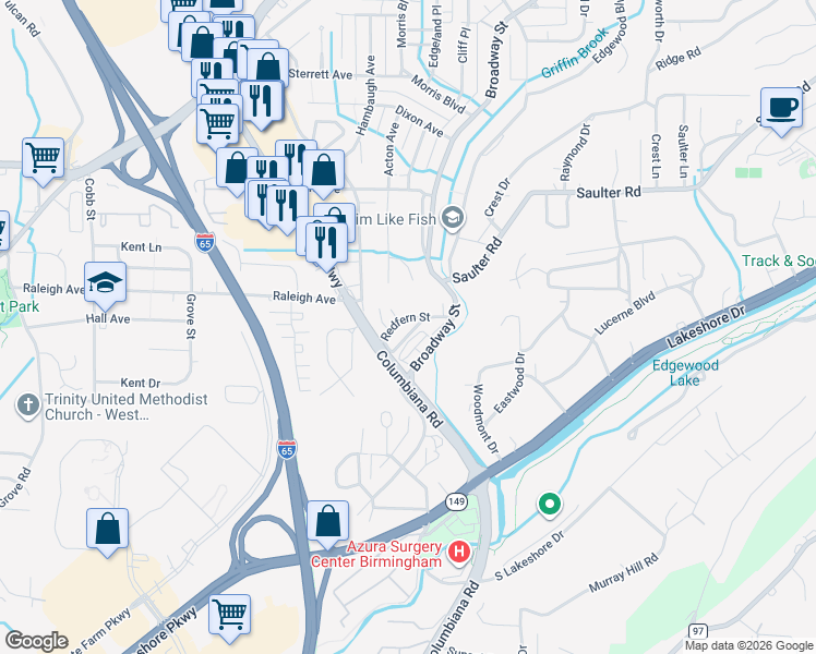map of restaurants, bars, coffee shops, grocery stores, and more near 313 Redfern Street in Birmingham
