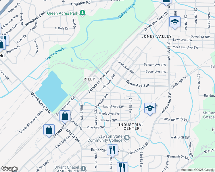 map of restaurants, bars, coffee shops, grocery stores, and more near 3549 Ellis Avenue Southwest in Birmingham