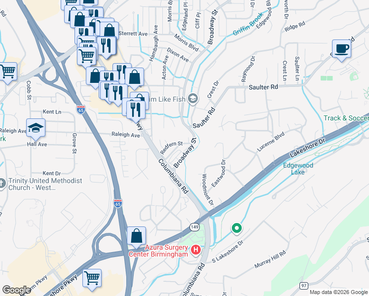 map of restaurants, bars, coffee shops, grocery stores, and more near 1002 Broadway Street in Homewood