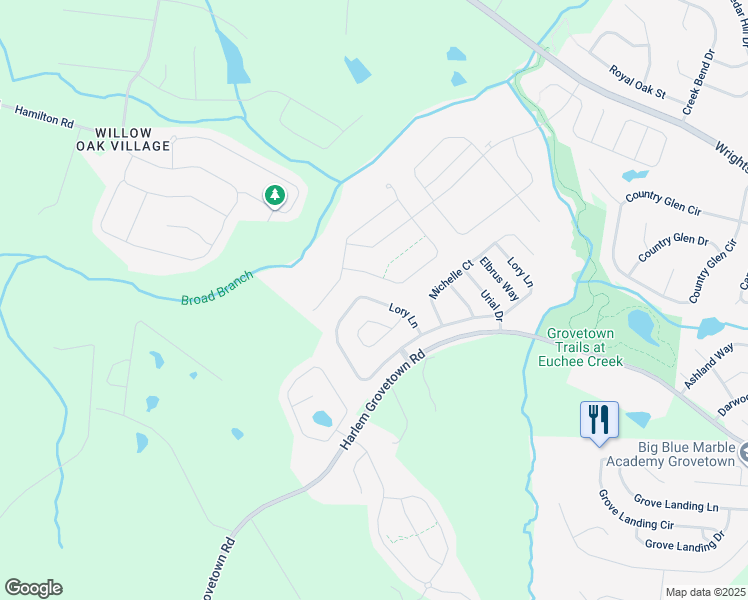 map of restaurants, bars, coffee shops, grocery stores, and more near 475 Lory Lane in Grovetown