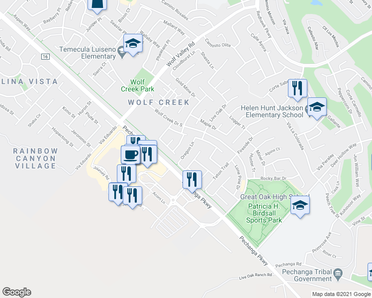 map of restaurants, bars, coffee shops, grocery stores, and more near 31930 Oregon Lane in Temecula