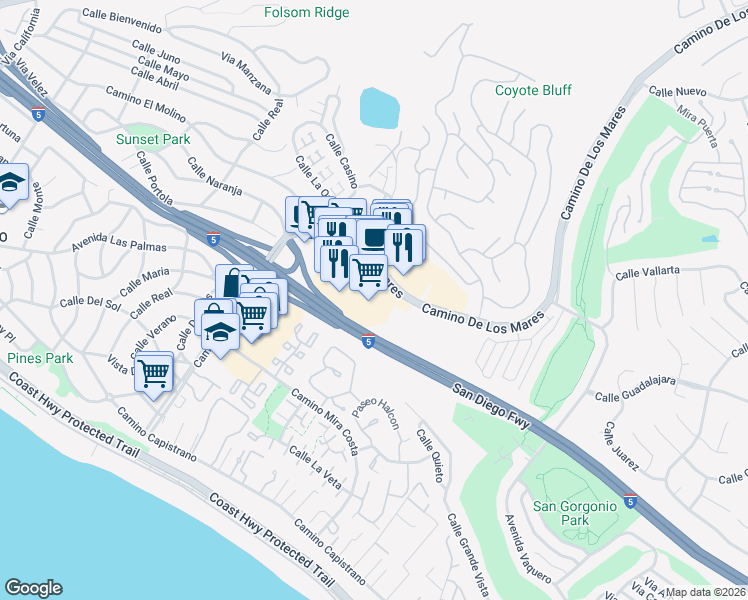 map of restaurants, bars, coffee shops, grocery stores, and more near 640 Camino De Los Mares in San Clemente