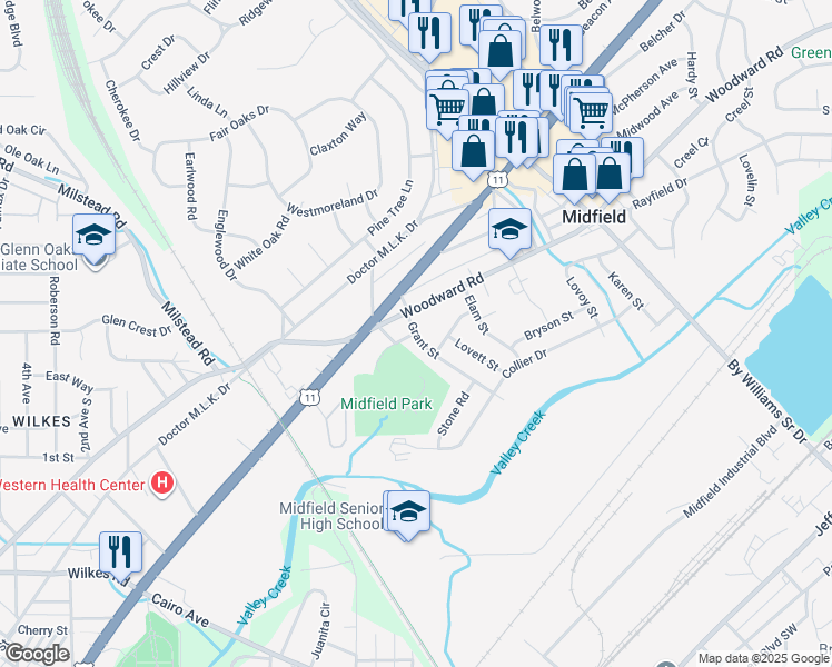 map of restaurants, bars, coffee shops, grocery stores, and more near 400 Breland Drive in Midfield