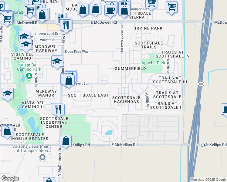 map of restaurants, bars, coffee shops, grocery stores, and more near 220 North 75th Place in Scottsdale