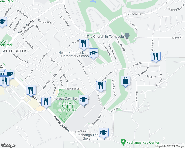 map of restaurants, bars, coffee shops, grocery stores, and more near 46186 Via La Tranquila in Temecula