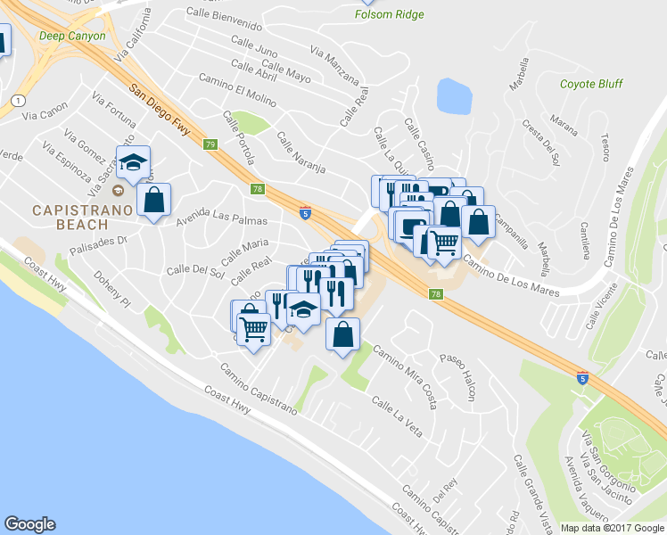map of restaurants, bars, coffee shops, grocery stores, and more near 570 Camino De Estrella in San Clemente