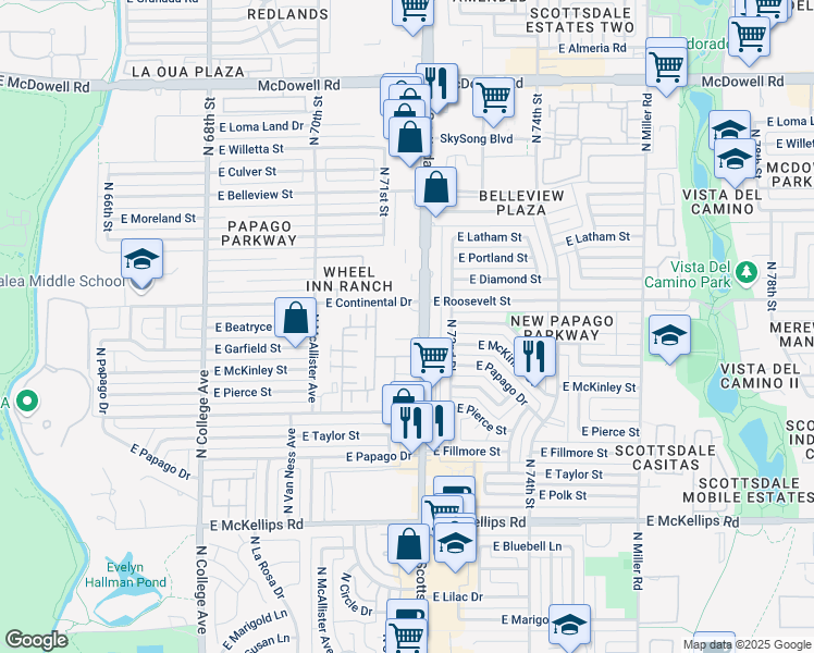 map of restaurants, bars, coffee shops, grocery stores, and more near 2724 North Scottsdale Road in Tempe