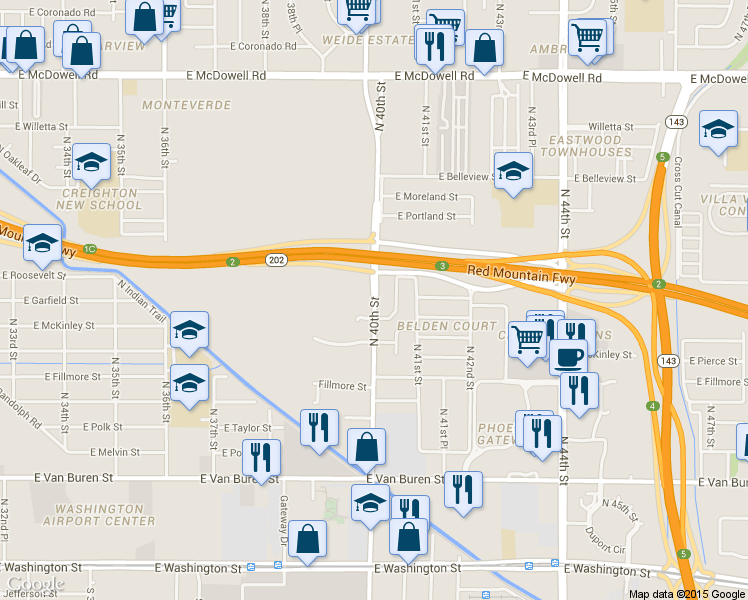 map of restaurants, bars, coffee shops, grocery stores, and more near 962 North 40th Street in Phoenix