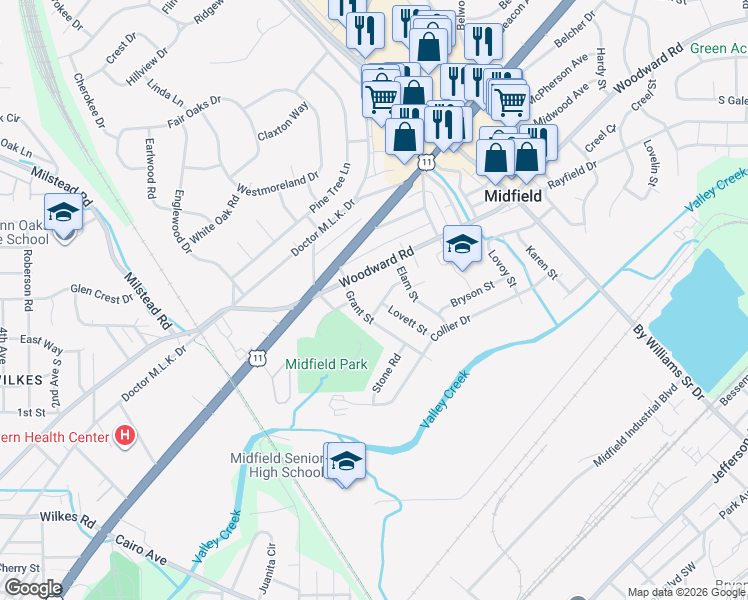 map of restaurants, bars, coffee shops, grocery stores, and more near 1728 Brizendine Drive in Birmingham