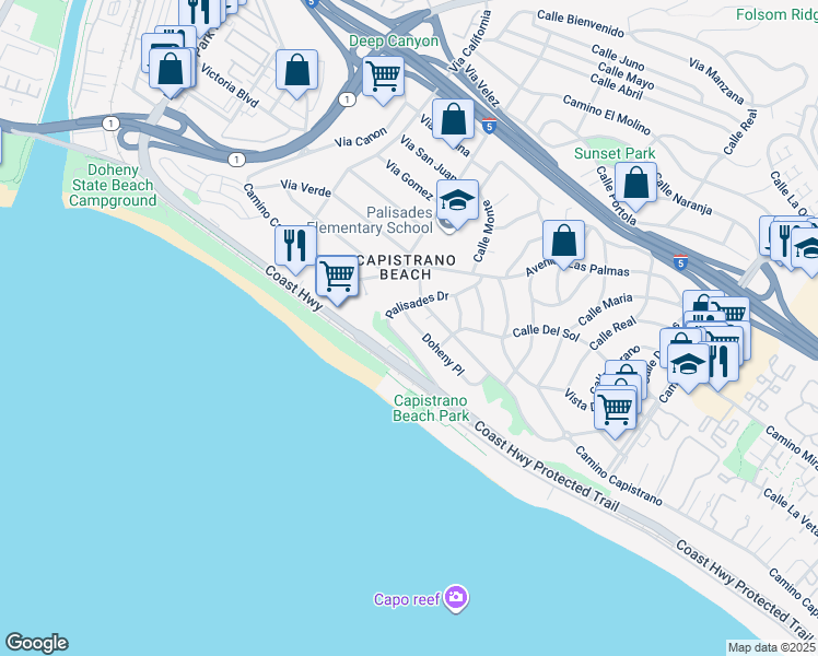 map of restaurants, bars, coffee shops, grocery stores, and more near 34761 Doheny Place in Dana Point