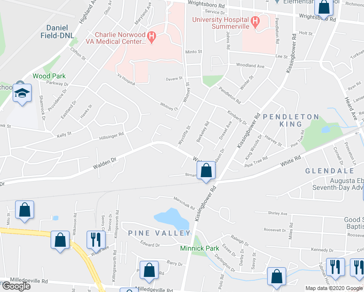 map of restaurants, bars, coffee shops, grocery stores, and more near 2221 Walden Drive in Augusta
