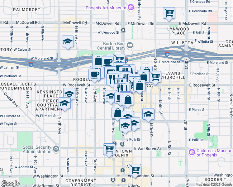map of restaurants, bars, coffee shops, grocery stores, and more near 829 North 1st Avenue in Phoenix