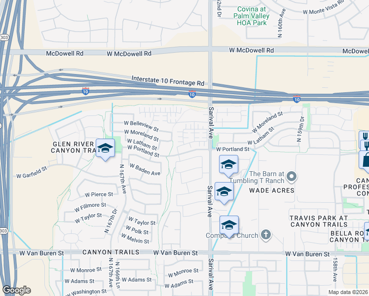 map of restaurants, bars, coffee shops, grocery stores, and more near 16399 West Latham Street in Goodyear