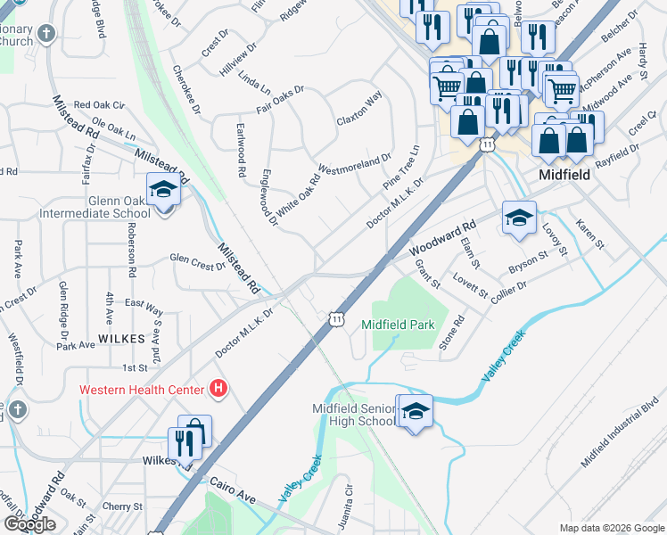 map of restaurants, bars, coffee shops, grocery stores, and more near 525 Woodward Road in Birmingham