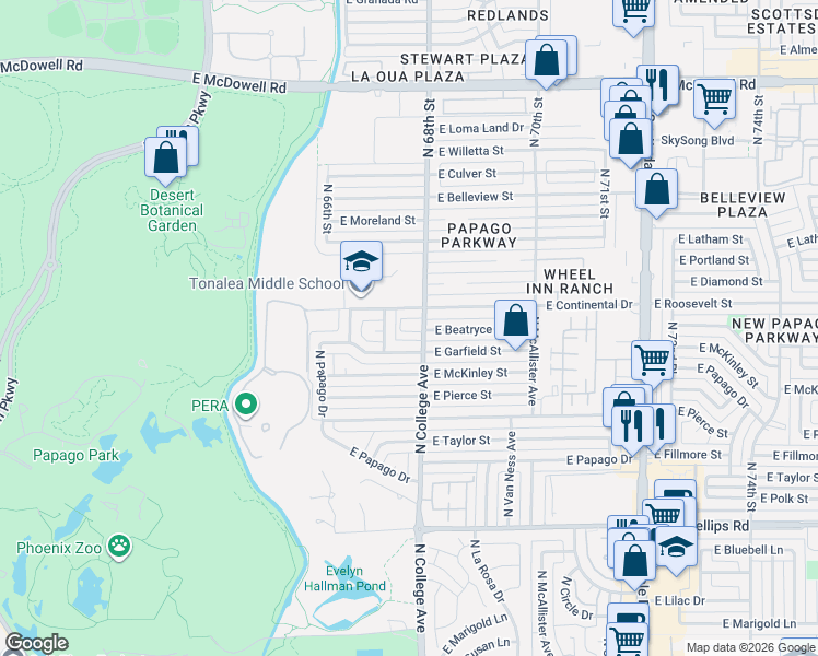 map of restaurants, bars, coffee shops, grocery stores, and more near 203 East Beatryce Street in Tempe