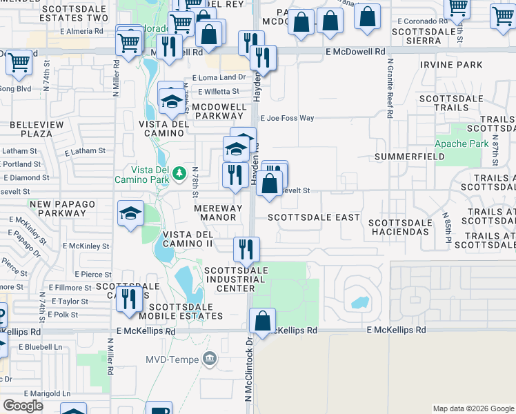 map of restaurants, bars, coffee shops, grocery stores, and more near 909 North Hayden Road in Scottsdale