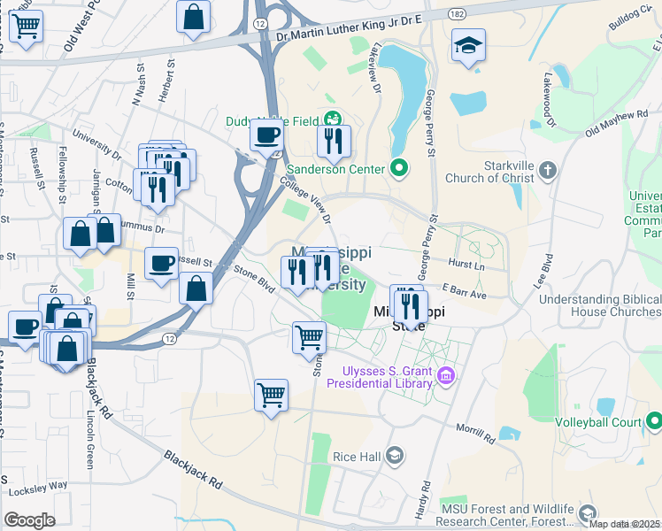 map of restaurants, bars, coffee shops, grocery stores, and more near 75 B. S. Hood Road in Mississippi State
