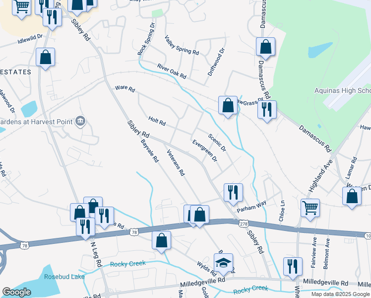 map of restaurants, bars, coffee shops, grocery stores, and more near 2128 Sibley Road in Augusta