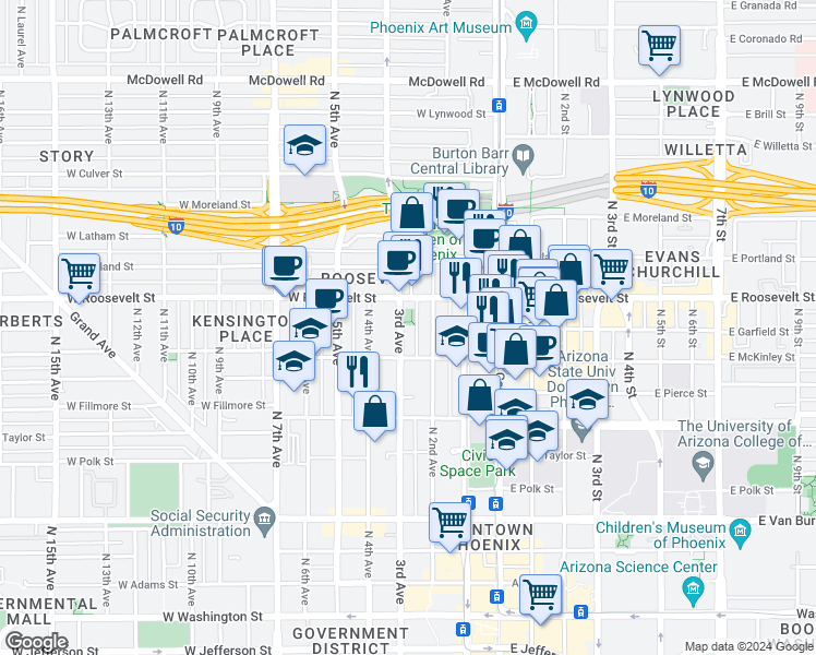 map of restaurants, bars, coffee shops, grocery stores, and more near 816 North 2nd Avenue in Phoenix