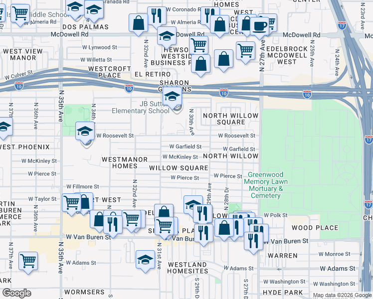 map of restaurants, bars, coffee shops, grocery stores, and more near 2940 West McKinley Street in Phoenix
