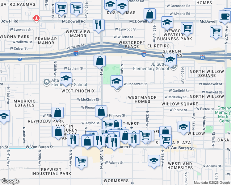 map of restaurants, bars, coffee shops, grocery stores, and more near 3333 W Roosevelt St in Phoenix
