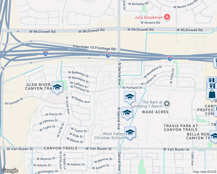 map of restaurants, bars, coffee shops, grocery stores, and more near 16399 West Latham Street in Goodyear