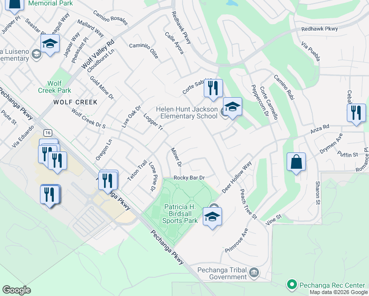 map of restaurants, bars, coffee shops, grocery stores, and more near 32363 Alpine Court in Temecula