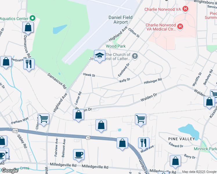 map of restaurants, bars, coffee shops, grocery stores, and more near 2151 Hillsinger Road in Augusta
