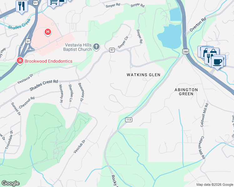map of restaurants, bars, coffee shops, grocery stores, and more near 1792 Twin Bridge Drive in Vestavia Hills