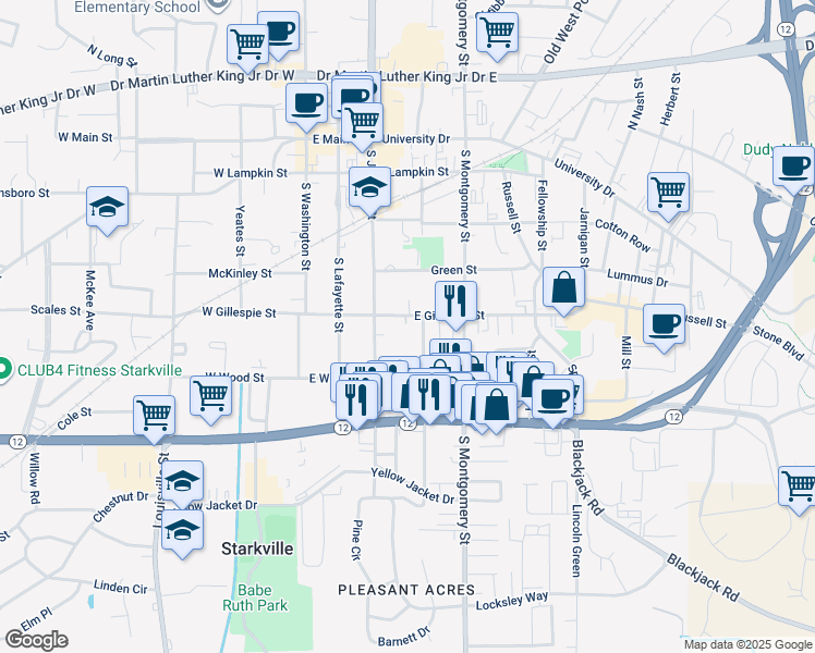 map of restaurants, bars, coffee shops, grocery stores, and more near 524 Vine Street in Starkville