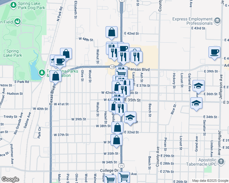 map of restaurants, bars, coffee shops, grocery stores, and more near 4106 Magnolia Street in Texarkana