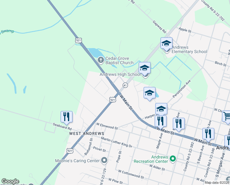 map of restaurants, bars, coffee shops, grocery stores, and more near 9 U.S. 521 in Andrews