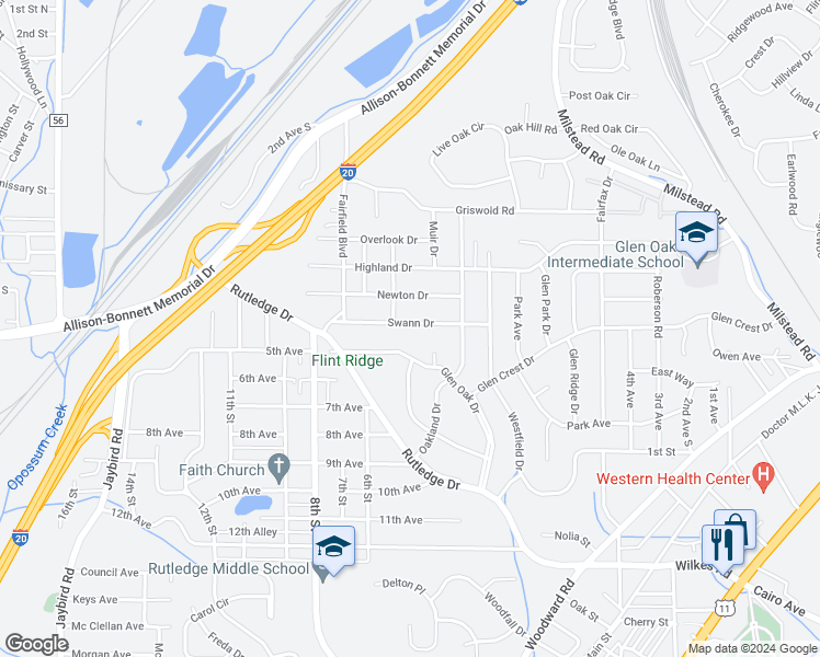 map of restaurants, bars, coffee shops, grocery stores, and more near 409 Swann Drive in Midfield