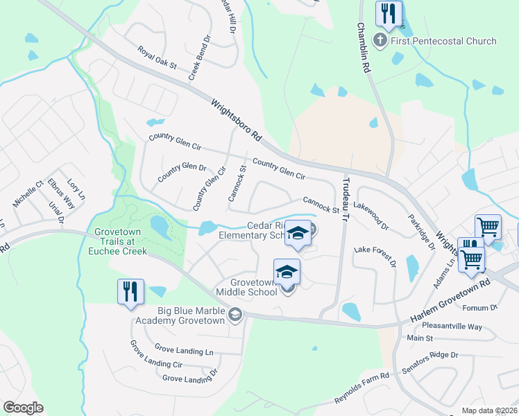 map of restaurants, bars, coffee shops, grocery stores, and more near 700 Cannock Loop in Grovetown
