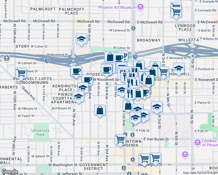 map of restaurants, bars, coffee shops, grocery stores, and more near 816 North 2nd Avenue in Phoenix