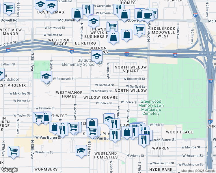 map of restaurants, bars, coffee shops, grocery stores, and more near 2940 West McKinley Street in Phoenix