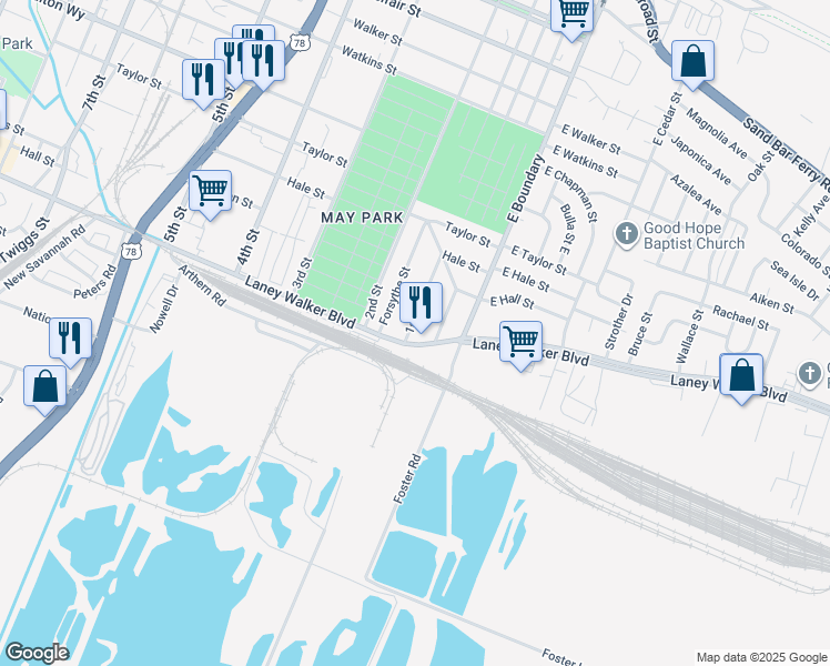 map of restaurants, bars, coffee shops, grocery stores, and more near 848 1st Street in Augusta