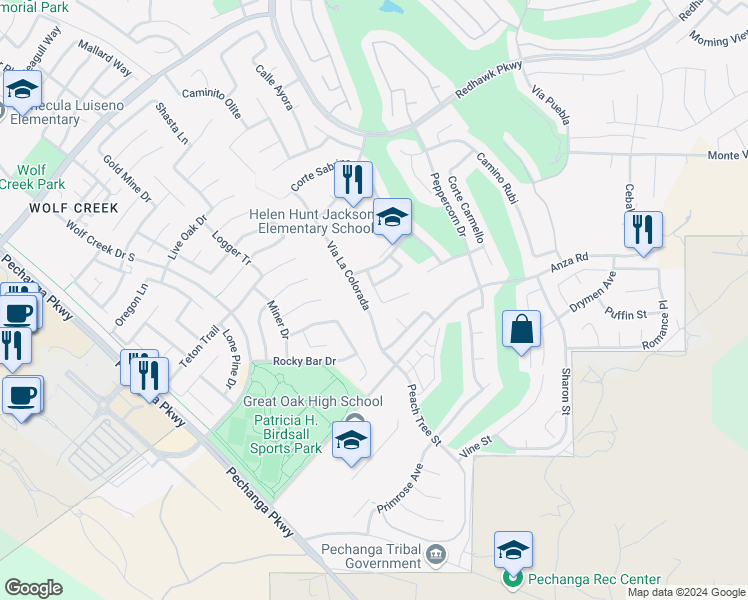 map of restaurants, bars, coffee shops, grocery stores, and more near 46149 Via La Tranquila in Temecula