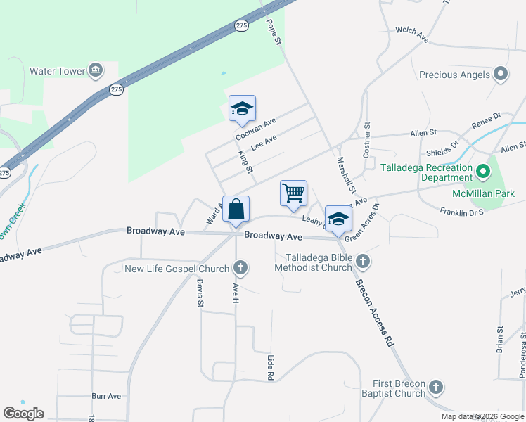 map of restaurants, bars, coffee shops, grocery stores, and more near 537 Leahy Circle in Talladega