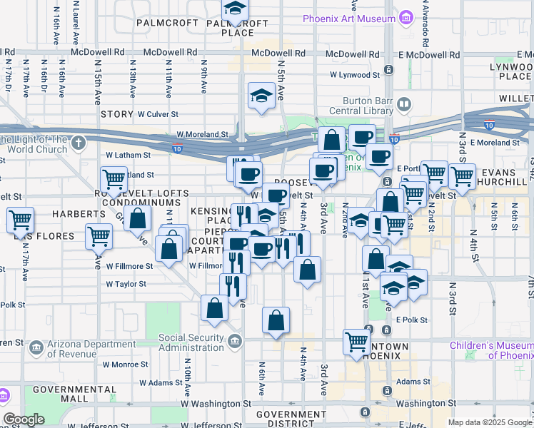 map of restaurants, bars, coffee shops, grocery stores, and more near 825 North 6th Avenue in Phoenix