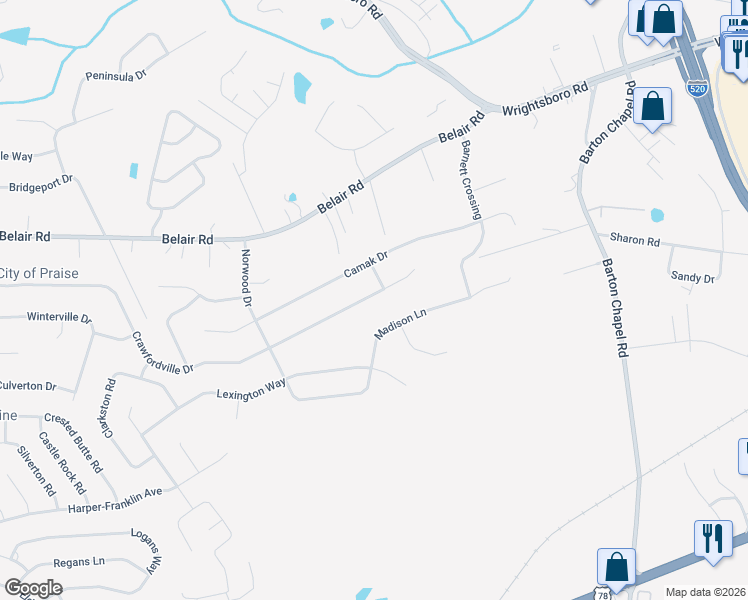 map of restaurants, bars, coffee shops, grocery stores, and more near 3654 Crawfordville Drive in Augusta