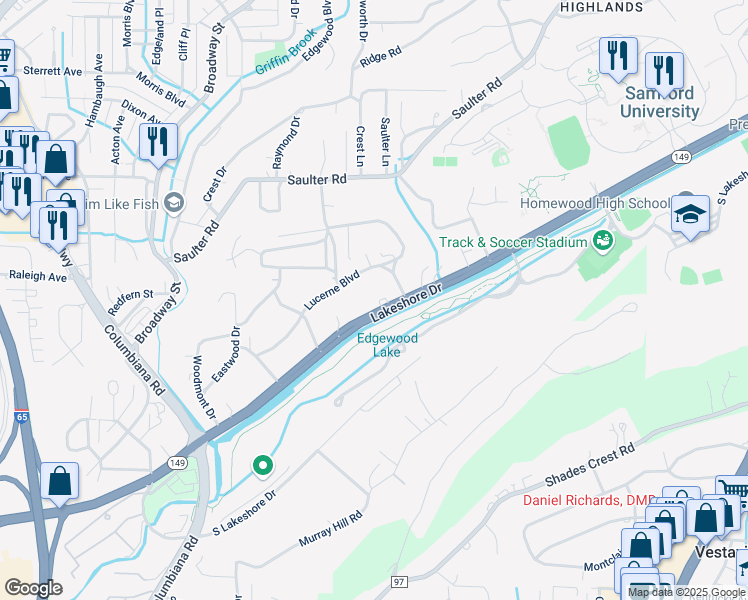 map of restaurants, bars, coffee shops, grocery stores, and more near 222 Lakeshore Drive in Birmingham