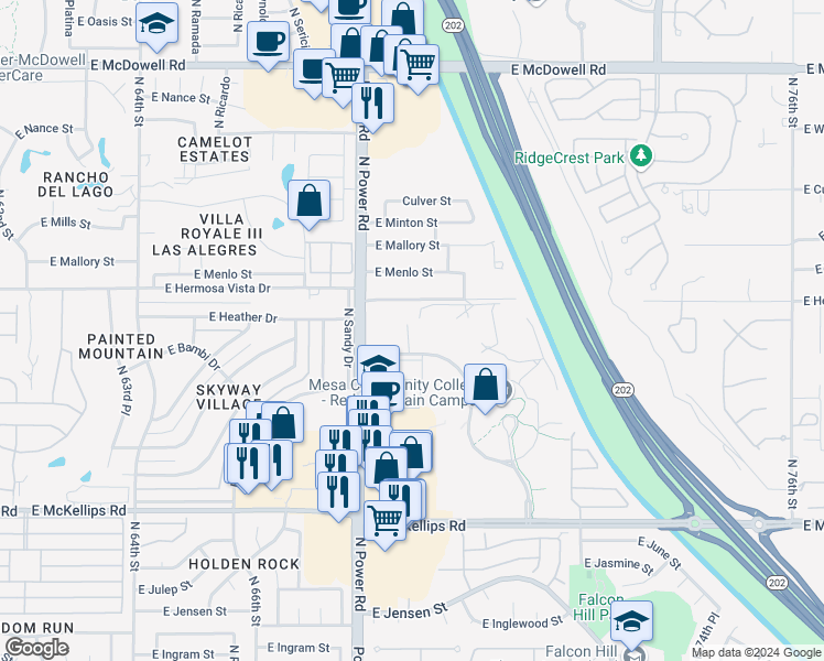 map of restaurants, bars, coffee shops, grocery stores, and more near 2305 North Power Road in Mesa
