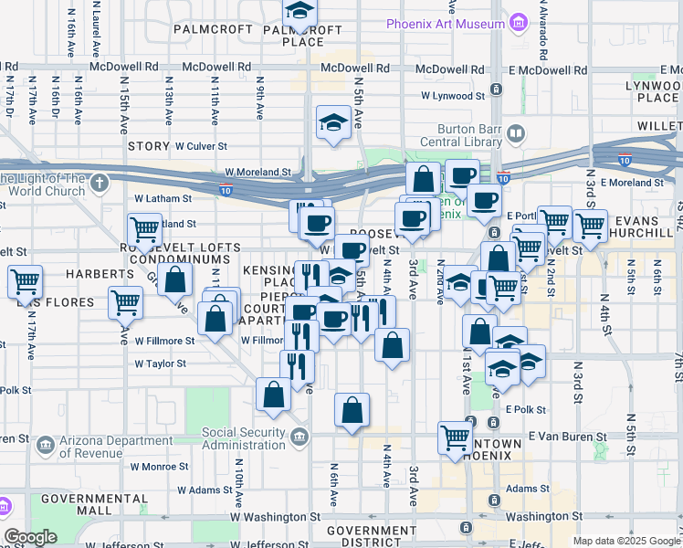 map of restaurants, bars, coffee shops, grocery stores, and more near 825 North 6th Avenue in Phoenix
