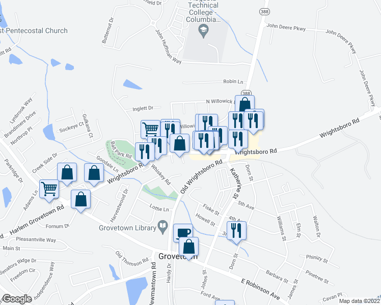 map of restaurants, bars, coffee shops, grocery stores, and more near Wrightsboro Road in Grovetown
