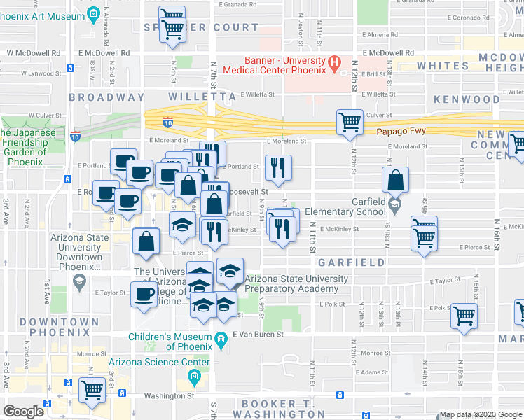 map of restaurants, bars, coffee shops, grocery stores, and more near North 9th Street & East Garfield Street in Phoenix