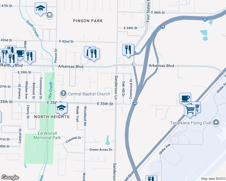 map of restaurants, bars, coffee shops, grocery stores, and more near 3514 Fairfield Drive in Texarkana