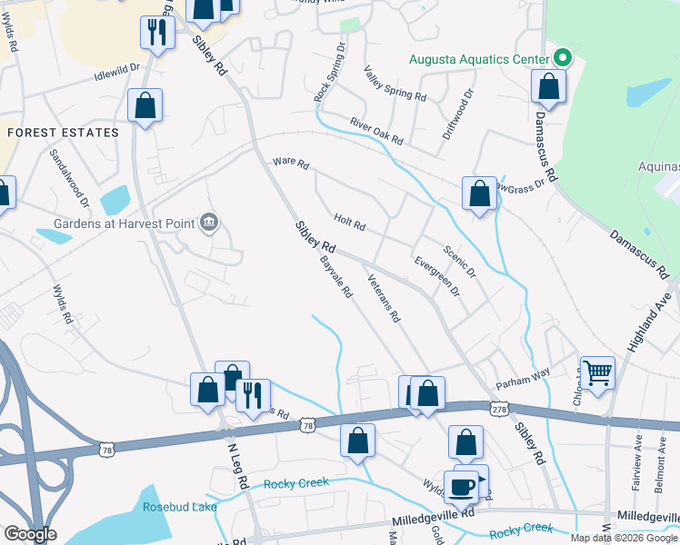 map of restaurants, bars, coffee shops, grocery stores, and more near 2112 Bayvale Road in Augusta