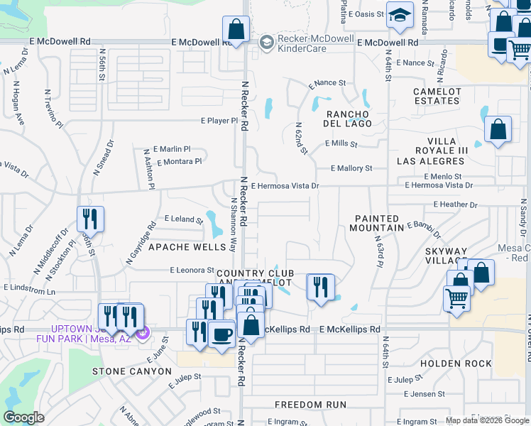 map of restaurants, bars, coffee shops, grocery stores, and more near 2329 North Recker Road in Mesa