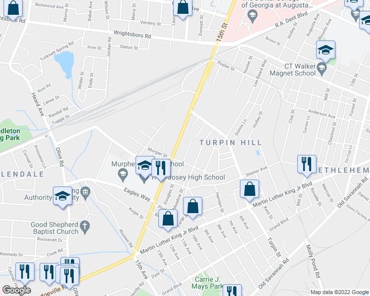 map of restaurants, bars, coffee shops, grocery stores, and more near 1648 15th Street in Augusta